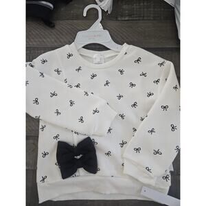Tahari Girls Ivory and  Black Bow Sweatshirt Ribbed Edging NWT SIZE 5